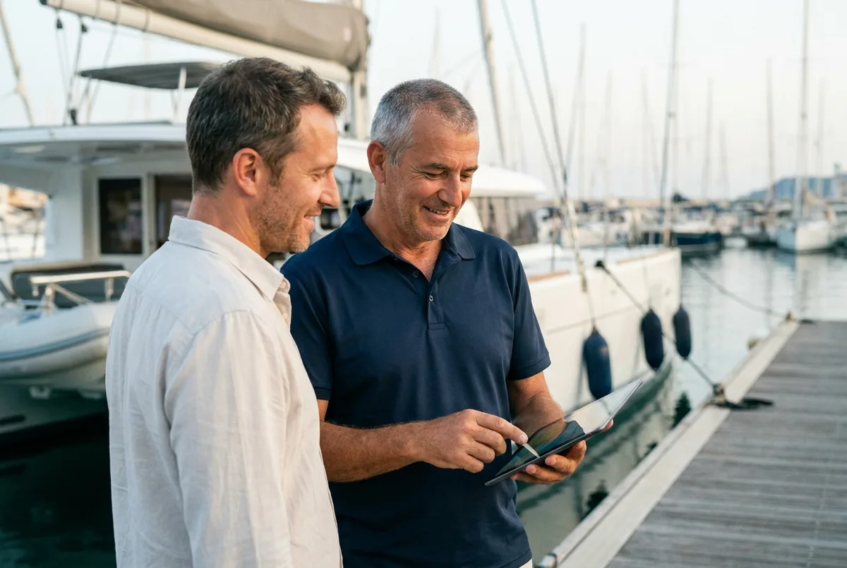Dos miembros del equipo revisando el estado del barco en el pantalán